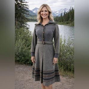 RARE Vintage Wool Knit Belted Button-Up Midi Dress - Gray
